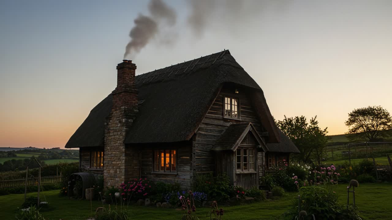 A Cozy Thatched Cottage with Smoky Chimney at Dusk, Capturing the Warmth of Home Amidst a Peaceful Countryside Landscape