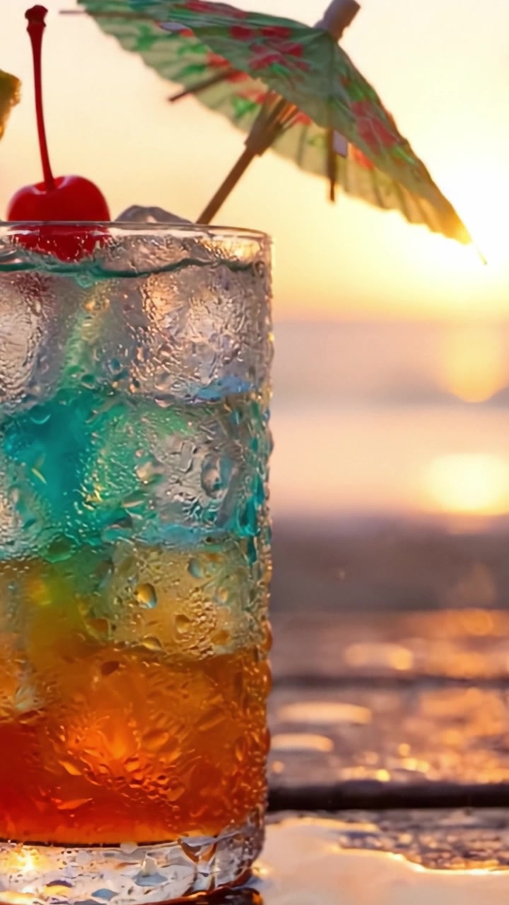 A Colorful Tropical Drink with an Umbrella and Cherry, Perfect for Relaxing at Sunset by the Beach, Captured in Vivid Detail to Enhance Your Summer Experience