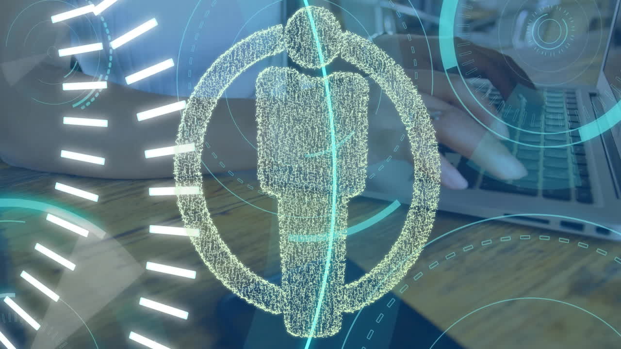 노트북을 사용하는 백인 여성에 대한 사람들의 아이콘 및 디지털 데이터 처리 애니메이션