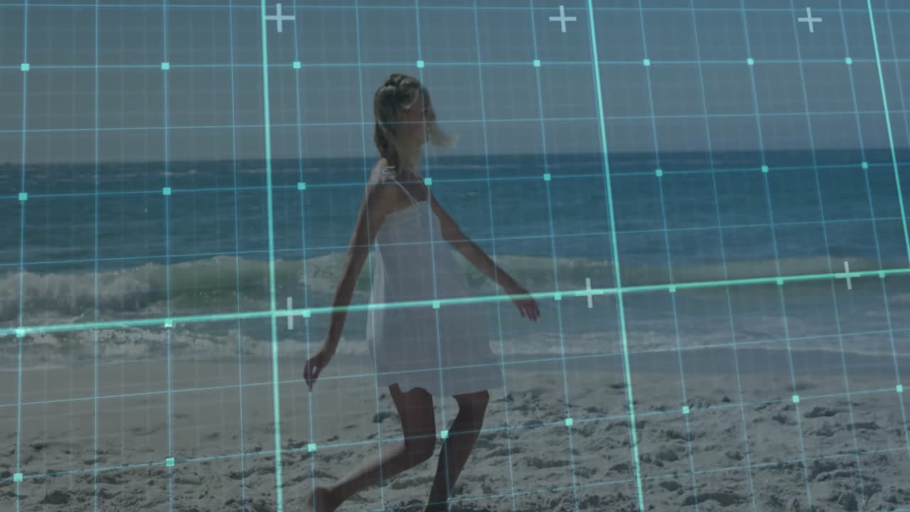Running on beach, girl with digital animation grid overlaying scene