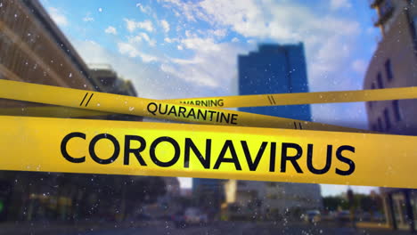 yellow police tapes with coronavirus, warning and quarantine text against cityscape