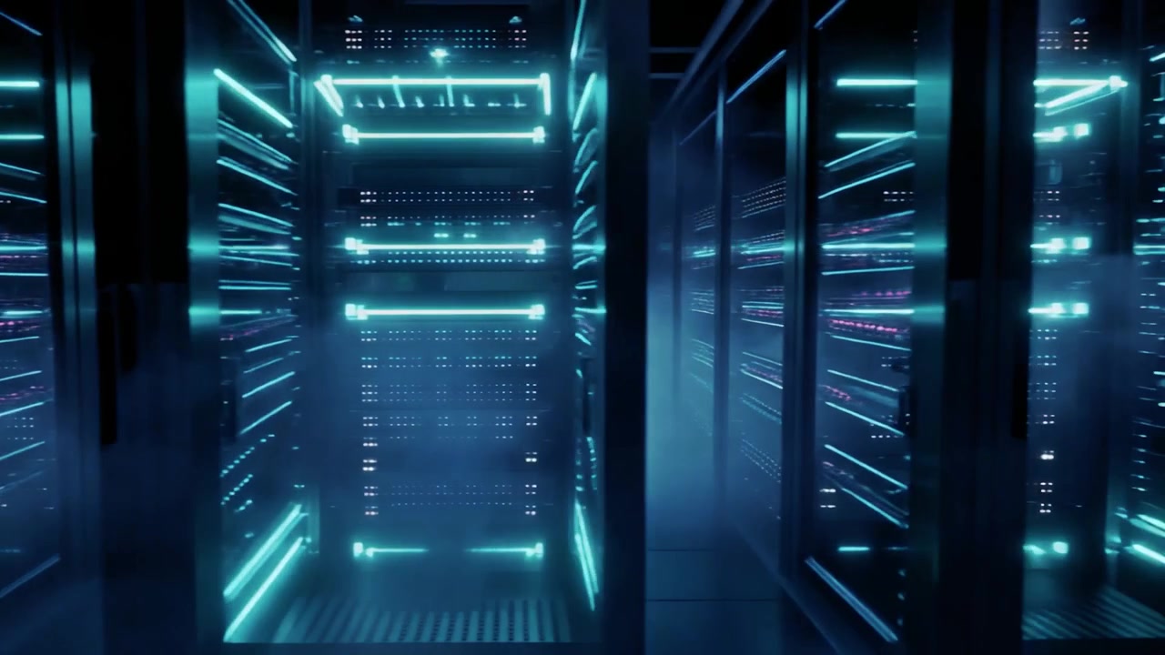 Futuristic Server Room with Glowing Lights and Fog