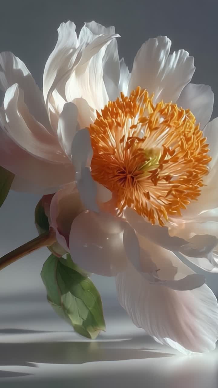 Flora yang Halus: Close-up Menakjubkan Bunga Peony Merah Muda Lembut dengan Pusat Oranye Cerah, Menampilkan Detail Kelopak yang Rumit dan Keindahan Alami dalam Pencahayaan Lembut.