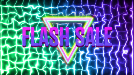 animation of flash sale text in purple letters over neon triangles and blue to green glowing mesh