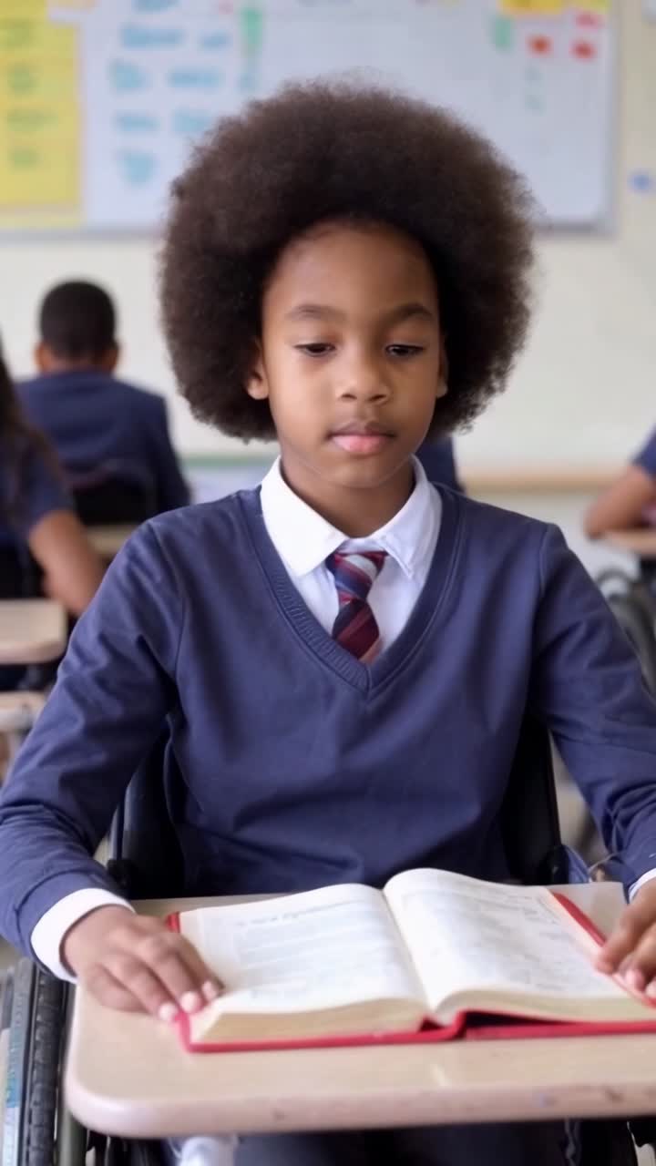 Un ragazzo afroamericano è seduto a un banco in un'aula, concentrato a leggere un quaderno di esercizi.