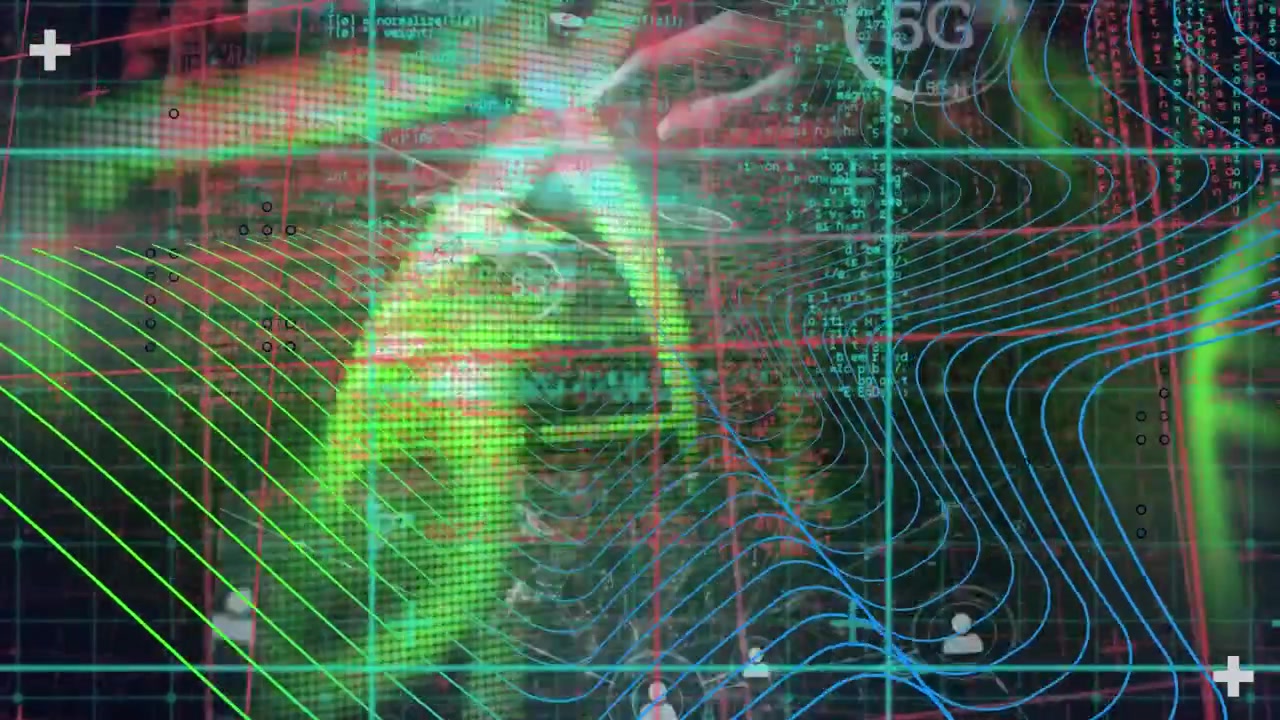 Animation of digital wave and spinning dna structures against screens of data processing
