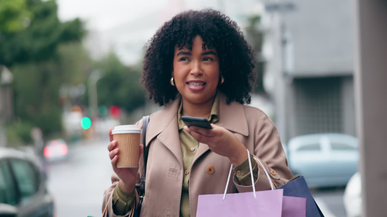 Street, shopping and happy woman with voice