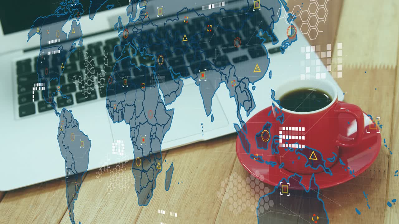 Showing laptop and red cup fading map overlay, animating network graphics creating interface effect