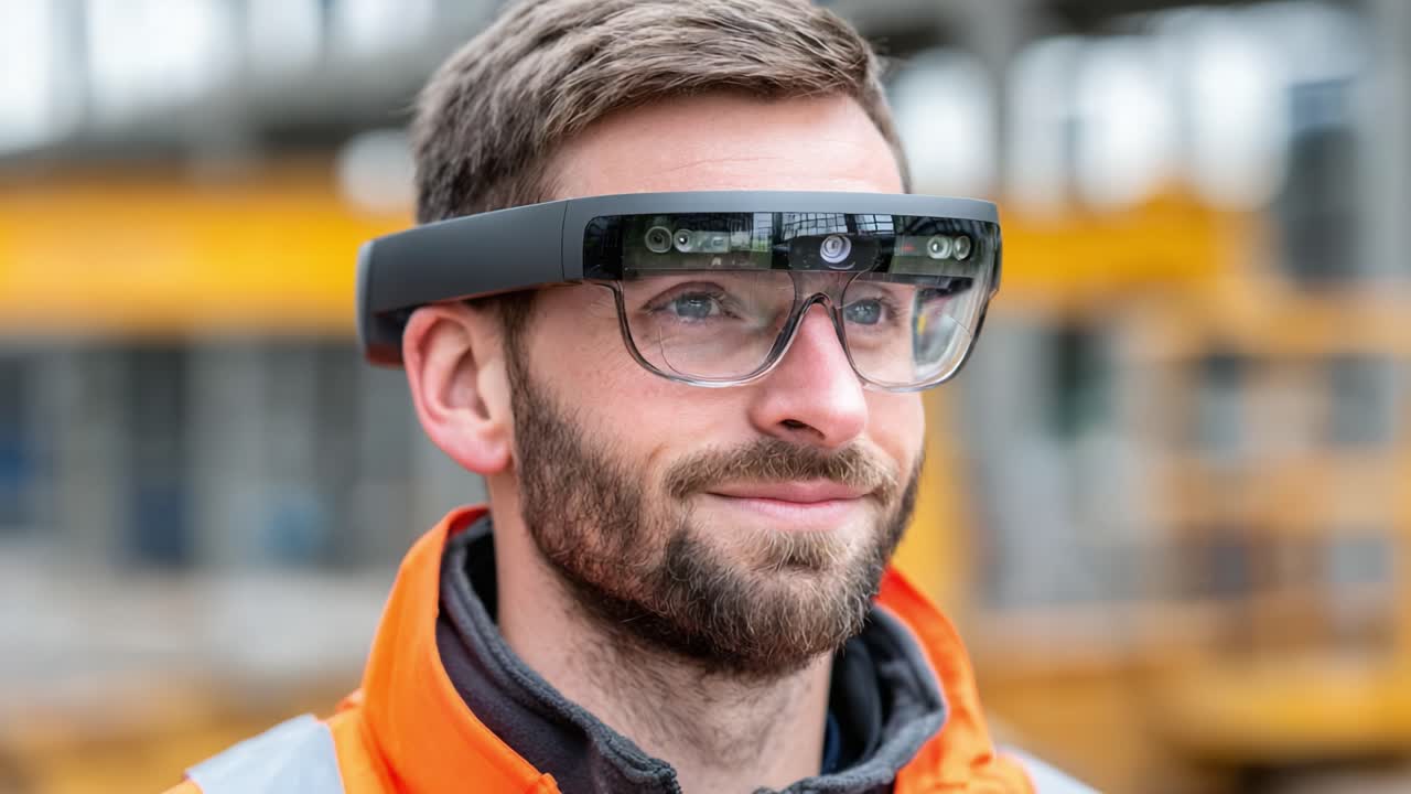 Trabalhador inovador utilizando óculos inteligentes para otimizar a visão e a eficiência em canteiros de obras, demonstrando avanços na tecnologia e em equipamentos de segurança