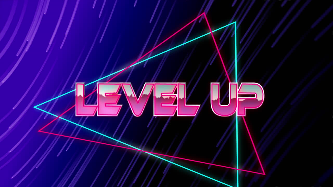 움직이는 파란색과 분홍색 빛 트레일 위에 레벨을 올리는 텍스트의 애니메이션