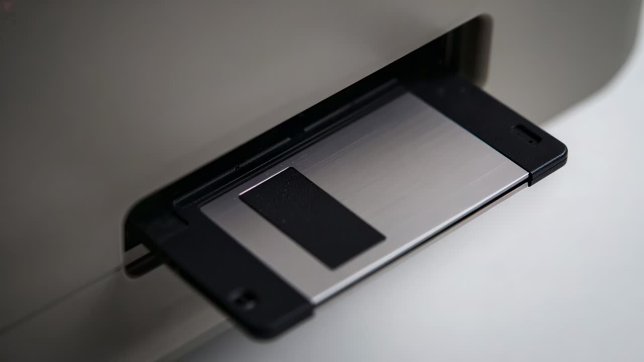 Drifting camera revealing metal plate on black tray sliding into slot on table, with black patch