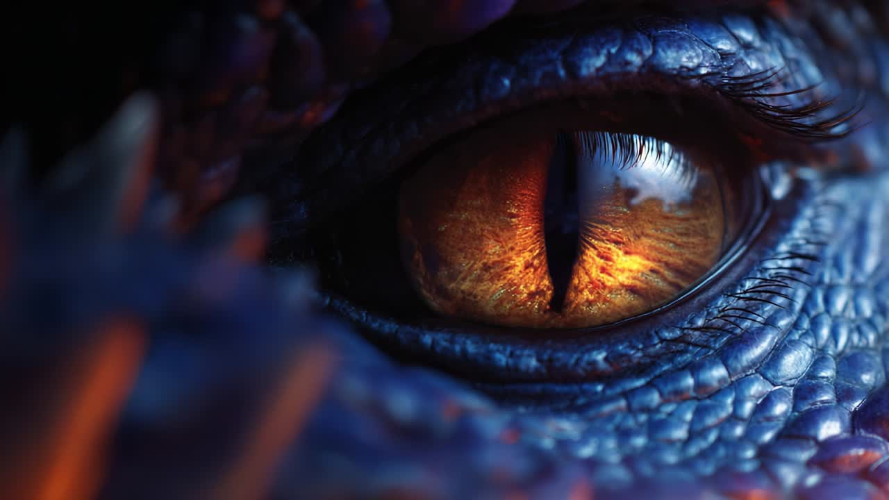 An Intense Close-Up of a Mythical Creature's Eye, Revealing Fiery Colors and Intricate Textures, Capturing the Essence and Majesty of Fantasy Beasts in Stunning Detail