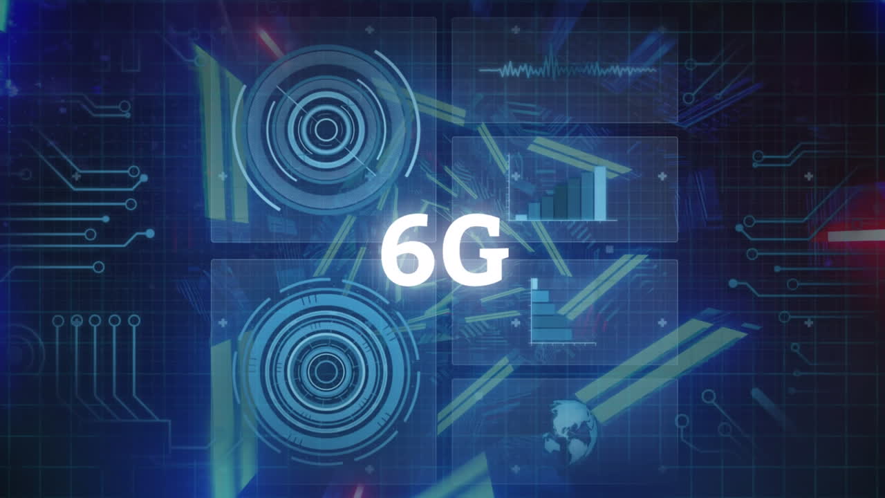 animación de texto de 6 g sobre escaneo de alcance y placa de circuito de computadora