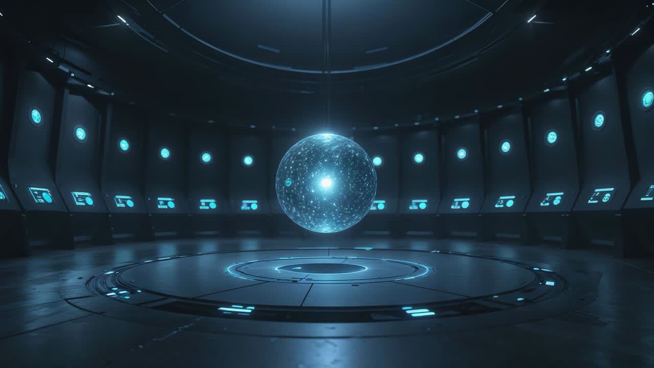 Futuristic Control Room with Central Glowing Energy Sphere
