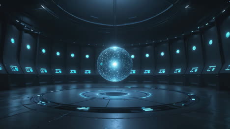 futuristic control room with central glowing energy sphere