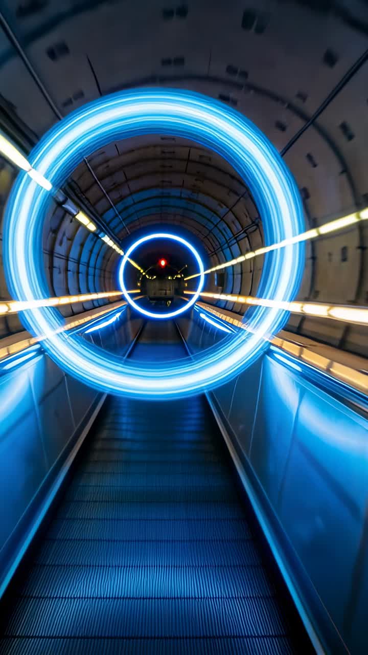 Futuristic Escalator Descending into a Glowing Tunnel with Light Rings