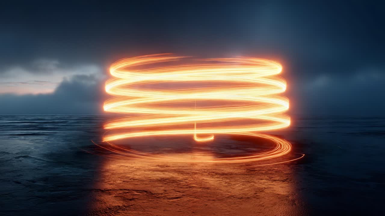 A mesmerizing display of light trails captured in two frames, showcasing dynamic circular motion transforming from a spiral to stacked loops against a dramatic twilight backdrop