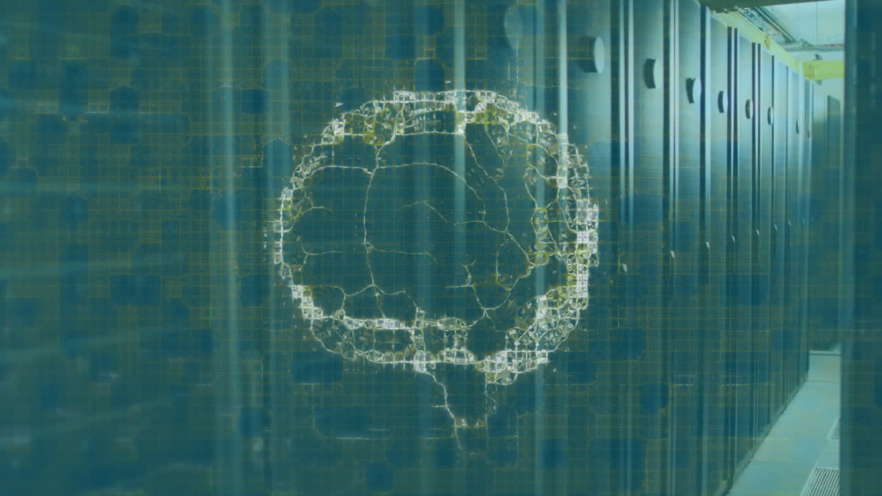 Animation of digital brain over server room