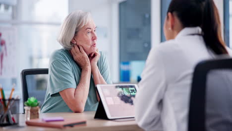 Talking,-senior-woman-and-a-doctor-with-a-tablet