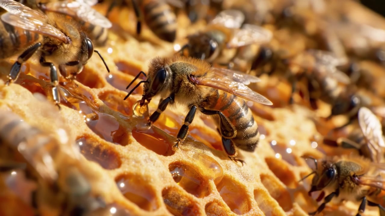 Uno sguardo ravvicinato alle api che raccolgono ed elaborano il miele nel loro alveare: gli straordinari impollinatori della natura al lavoro in un vivace ambiente a nido d'ape.