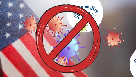 Animation-of-no-entry-sign-over-the-4th-of-july-text-and-covid-19-cells