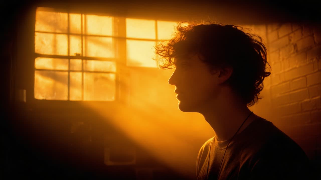 A Profound Moment of Reflection: Capturing the Silhouette of a Contemplative Individual Bathed in Warm Golden Light in a Serene Indoor Environment