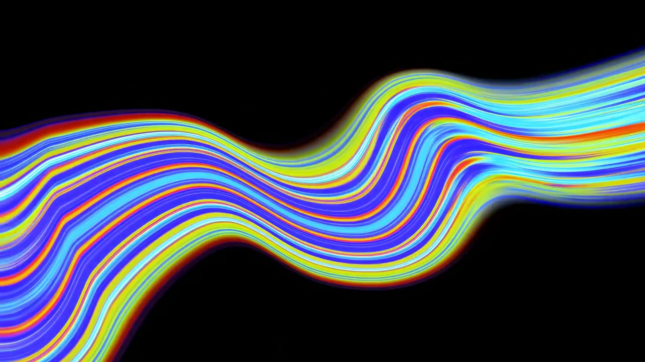 Rubans néon colorés flottant sur fond noir, visualiseur rétrofuturiste dynamique aux courbes fluides.