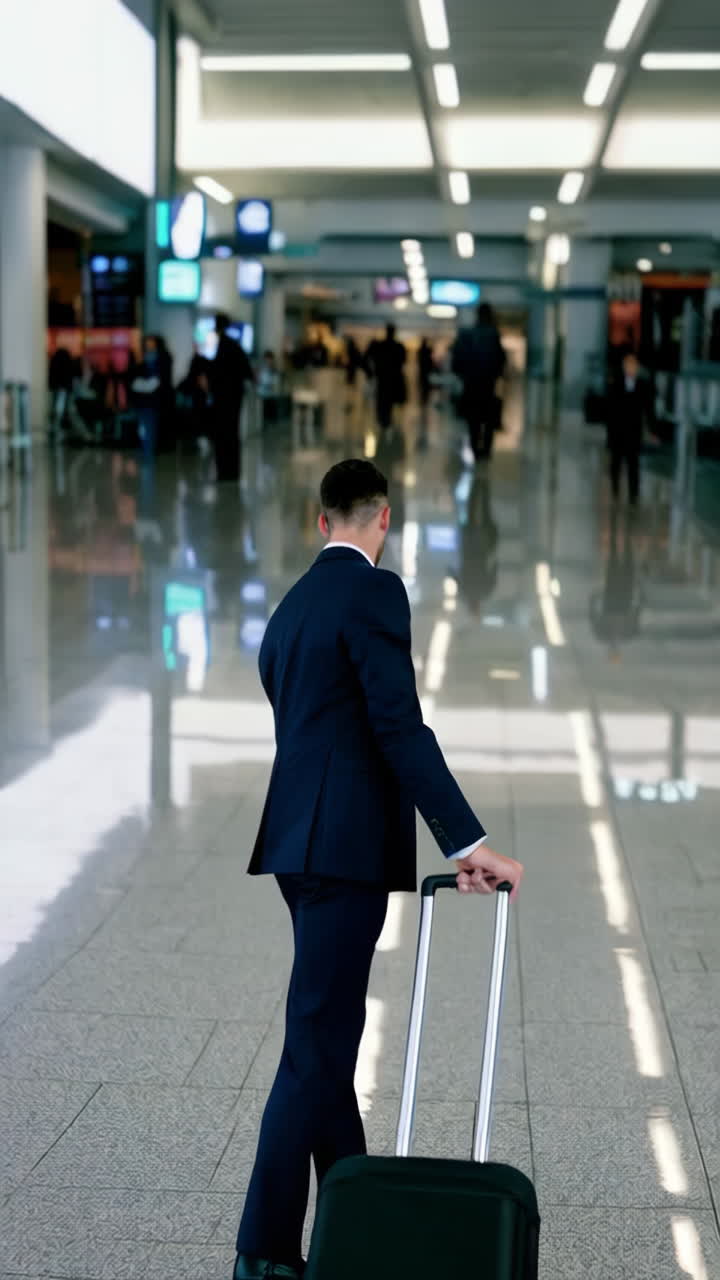 Empresario caminando con una maleta en una terminal de aeropuerto moderna