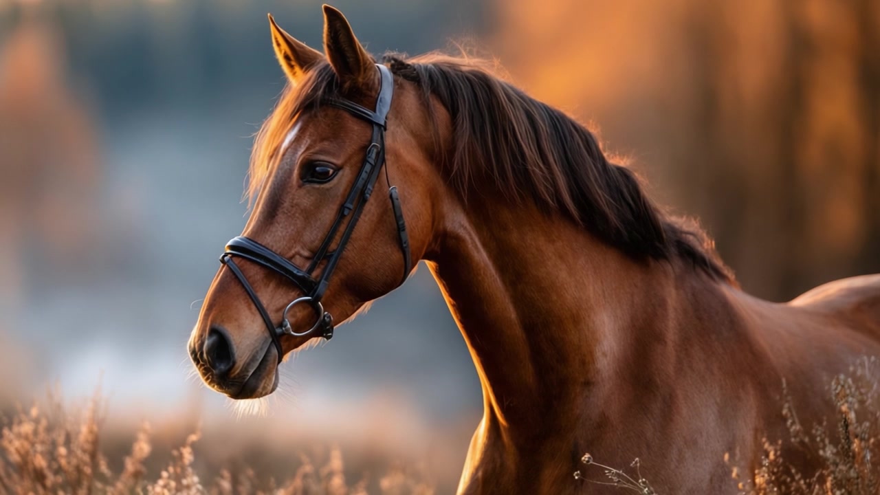 A Majestic Chestnut Horse in a Serene Autumn Landscape Captured in Two Frames, Displaying Its Grace and Beauty Amidst Nature's Warm Tones