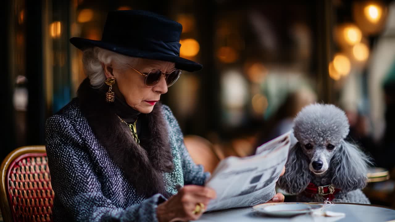 An Elegant Woman in Stylish Attire Reads a Newspaper at a Café Table, Accompanied by a Well-Groomed Poodle Overlooking the Lively Surroundings with a Touch of Class