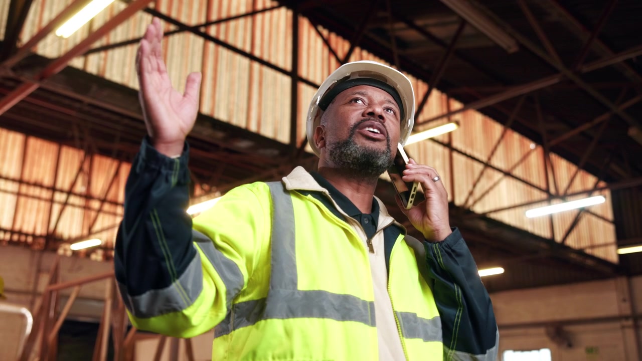 Gerente de Construção Falando ao Telefone no Armazém