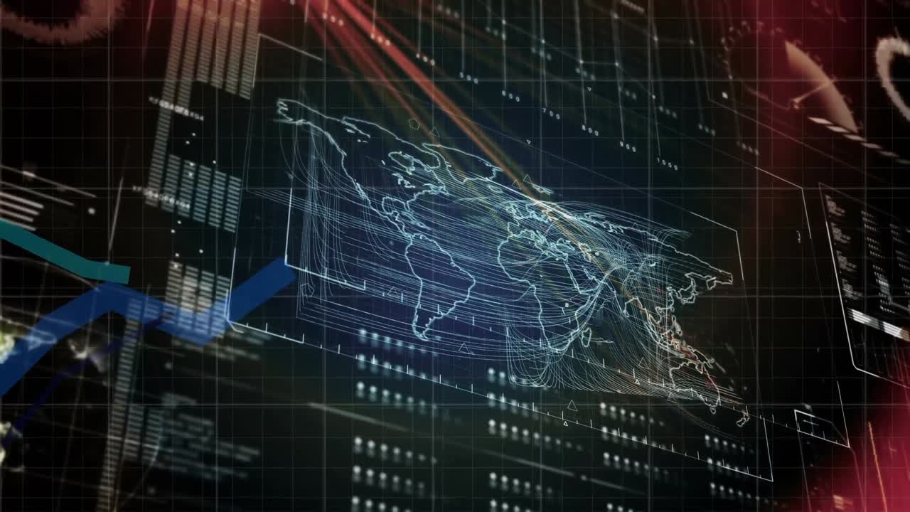 Animation of diverse data processing, world map and globe on black screen with red lights