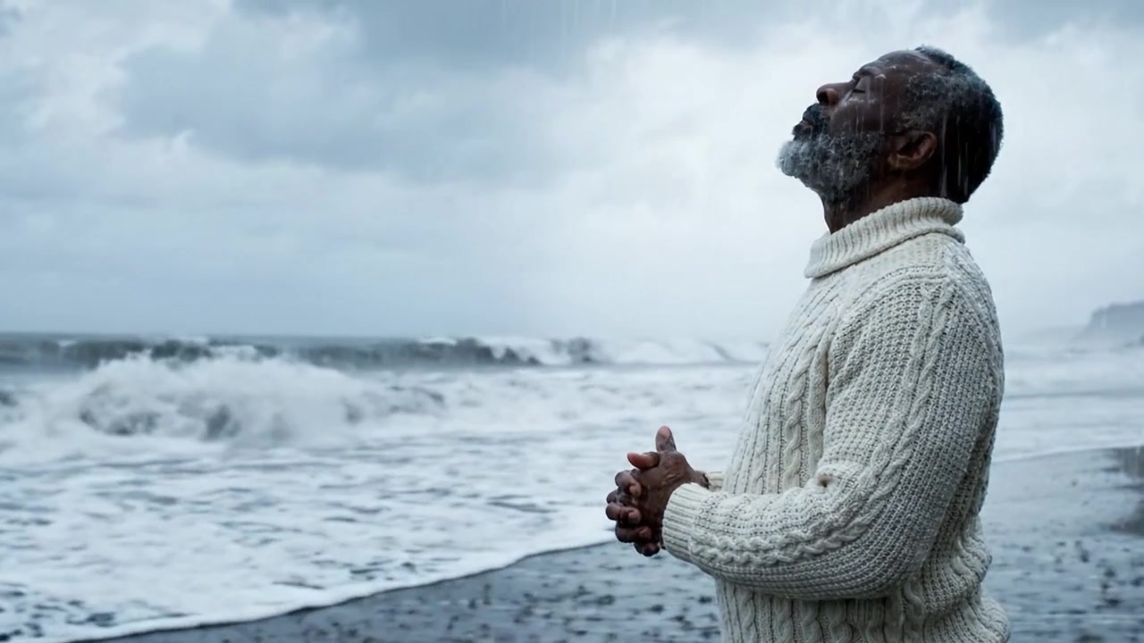 A contemplative figure stands by the turbulent ocean, immersed in deep thought as waves crash against the shore, framed by a dramatic overcast sky and gentle rain.