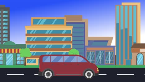 viajes en coche por la ciudad vista lateral, animación en bucle, fondo de diseño plano