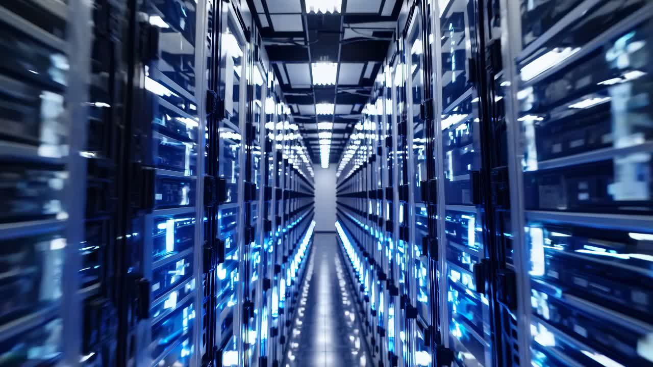 Una ripresa video dinamica dal basso di un corridoio di un data center futuristico, che mostra file di illuminazione
