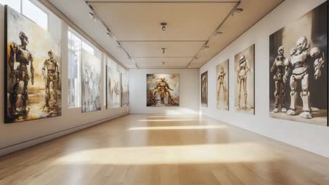 modern art exhibition hall with metal armor paintings