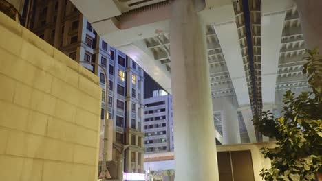 dolly along concrete foreground pushes past towards highway support pillars by tropical tree