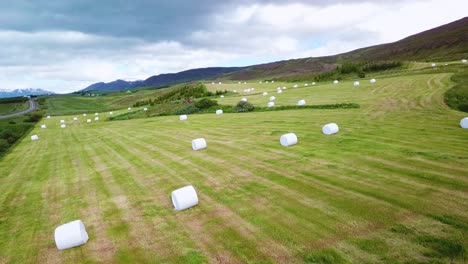 Eine-Antenne-über-Großen-Weißen-Heuballen,-Eingewickelt-In-Plastikzylinder-Wie-Marshmallows-Auf-Den-Feldern-Islands-2