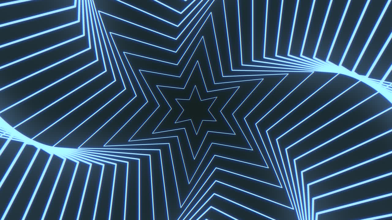 Abstract neon star tunnel with glowing blue lines forming a geometric corridor and depth illusion, ideal for futuristic tech visuals, music events, and VJ backgrounds