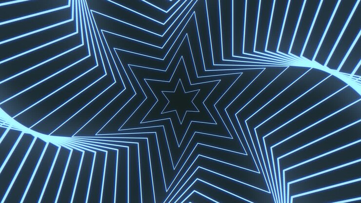 Abstract neon star tunnel with glowing blue lines forming a geometric corridor and depth illusion, ideal for futuristic tech visuals, music events, and VJ backgrounds