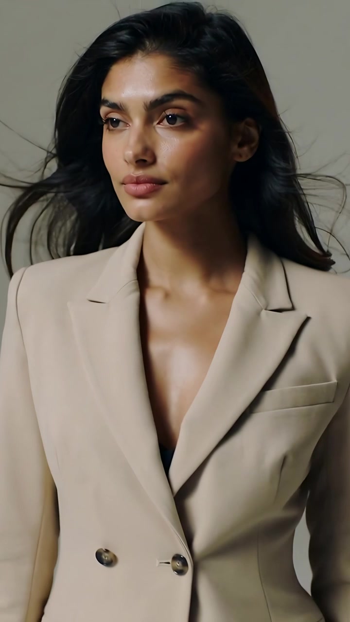 Vertical video: Fan starting causing model turning head, posing in studio, showcasing beige blazer