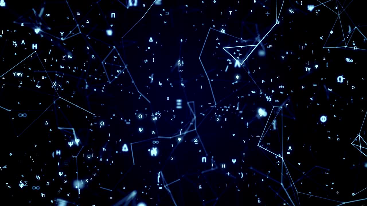 animación futurista digital con símbolos matemáticos y físicos y cuadrícula de red de malla