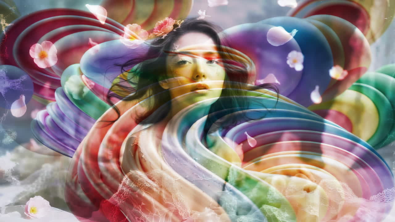 Ritratto vivace e surreale di una donna tra vortici colorati.