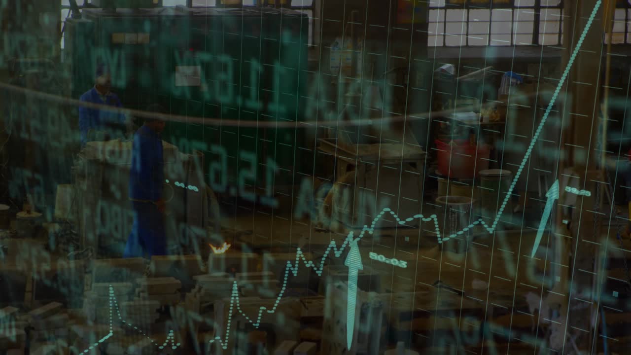 Nakładka z zielonym wykresem finansowym, stopniowo się pojawiająca; technicy przesuwają skrzynię, a rosnąca linia wskazuje wzrost.