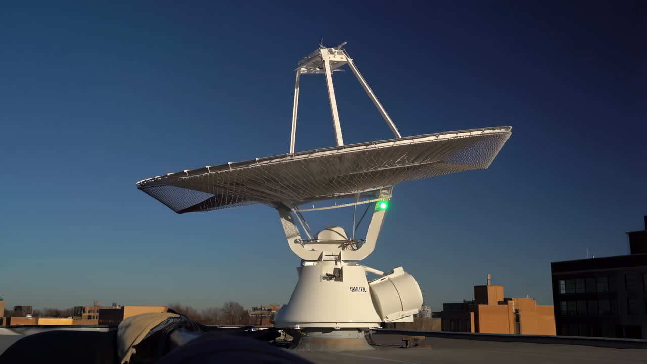 Large Satellite Dish on a Rooftop Against a Clear Blue Sky