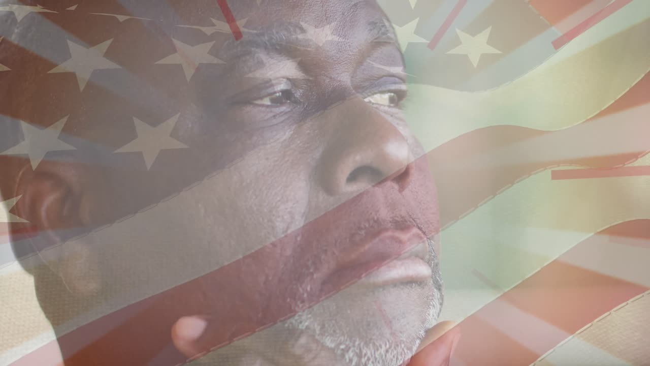 Animation of flag of united states of america over portrait af senior african american man