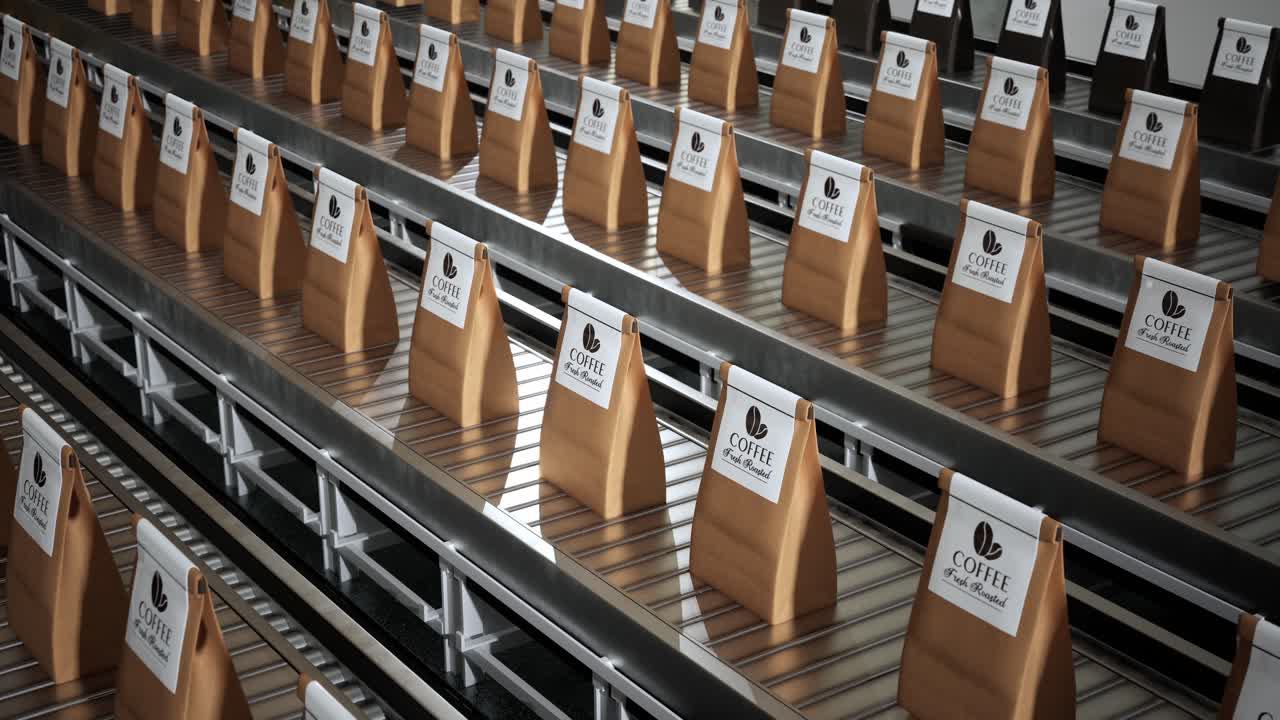 Roasted Coffee Beans In Package On Conveyor Belt In Factory. Coffee Production