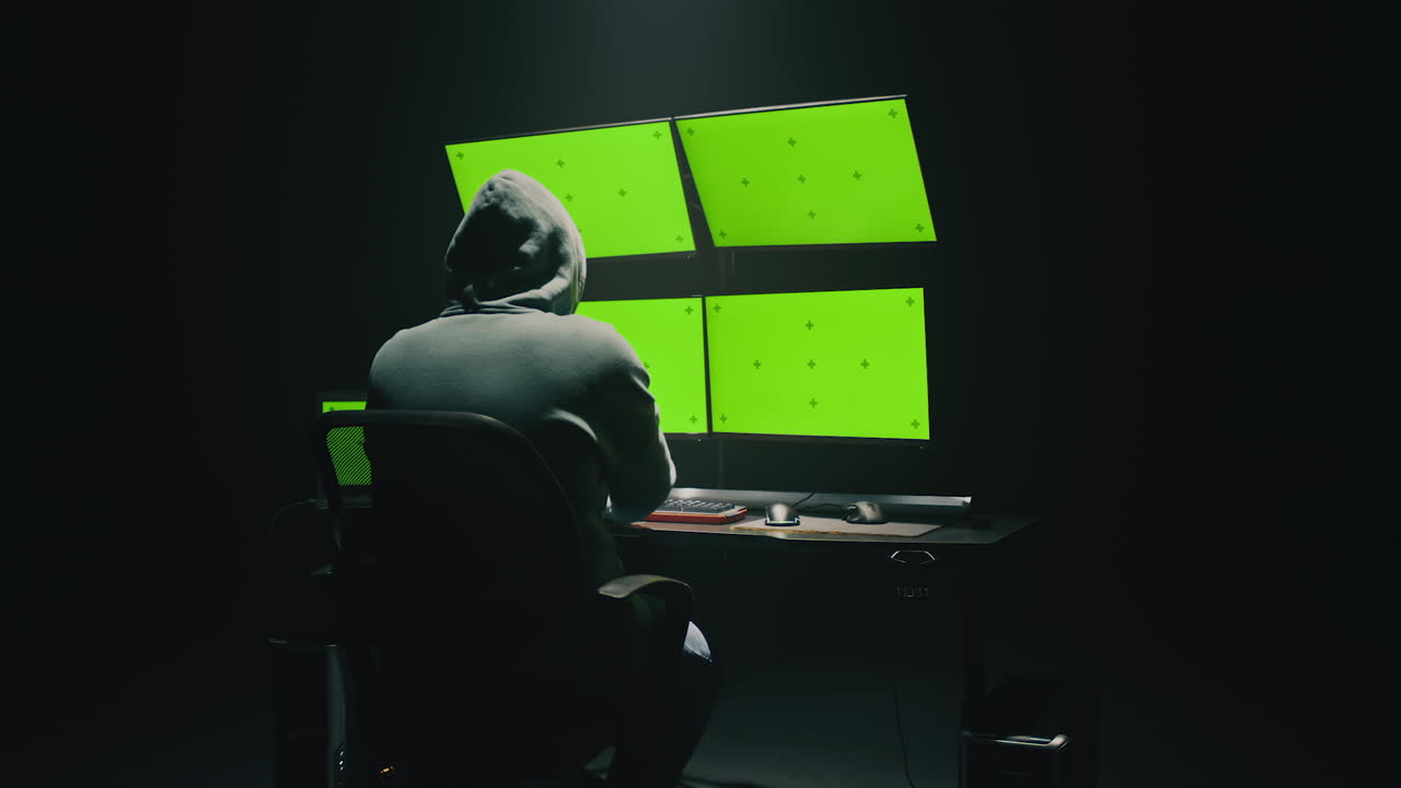 Hacker in a Dark Room with Multiple Monitors