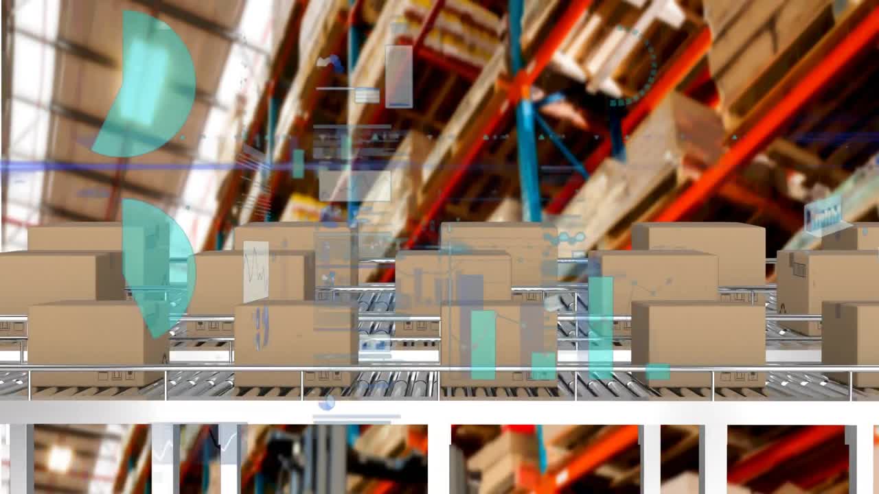 анимация обработки статистики на конвейерных лентах с коробками