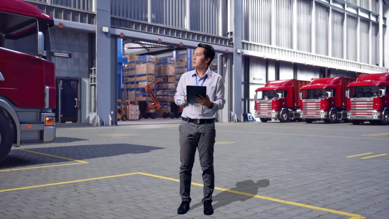 Full Body Side View Of An Asian Male Professional Worker, Outside of Logistics Distributions Warehouse, Observes By Looking Up Before He Come To Concentrating On The Tablet And Keep On Typing